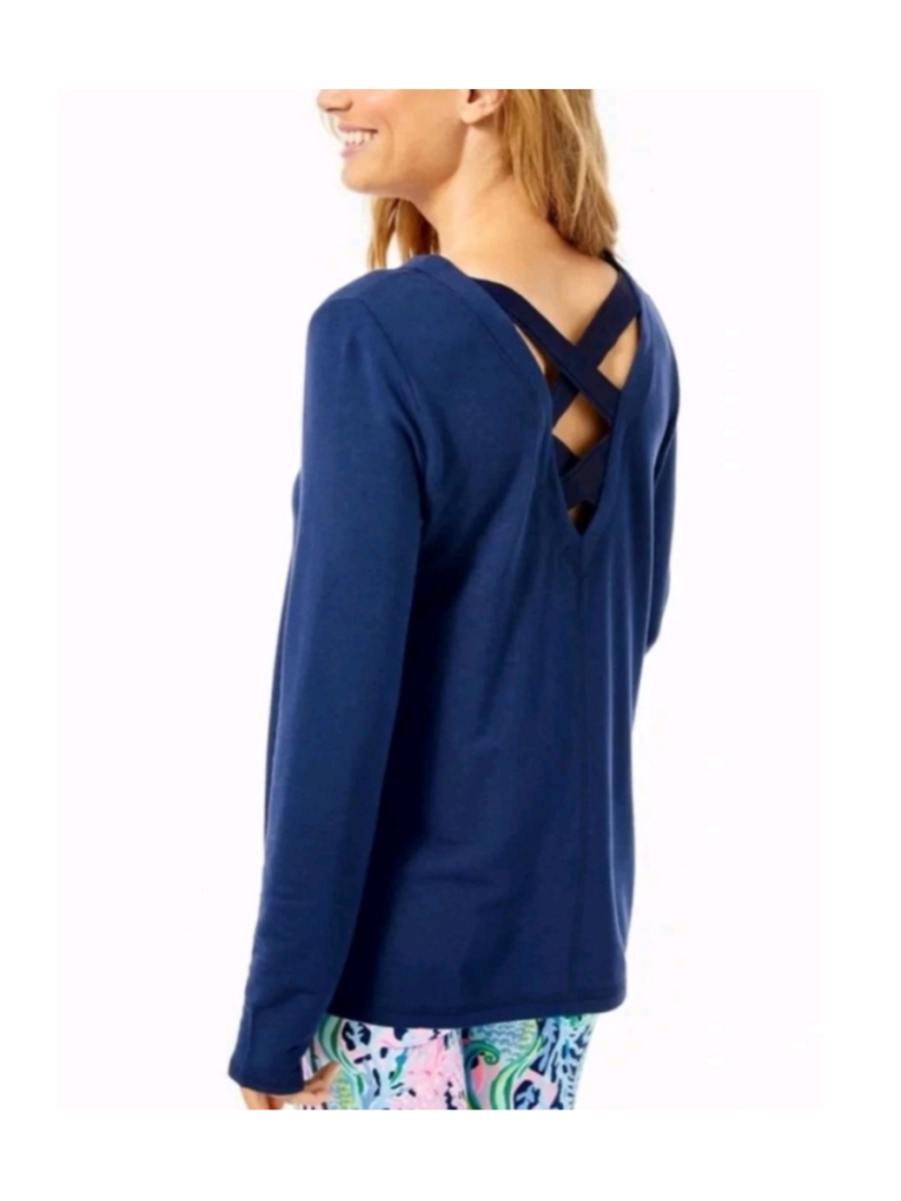 Lilly Pulitzer Areli Navy Luxletic Soft French Terry Strappy Back Sweater Top L